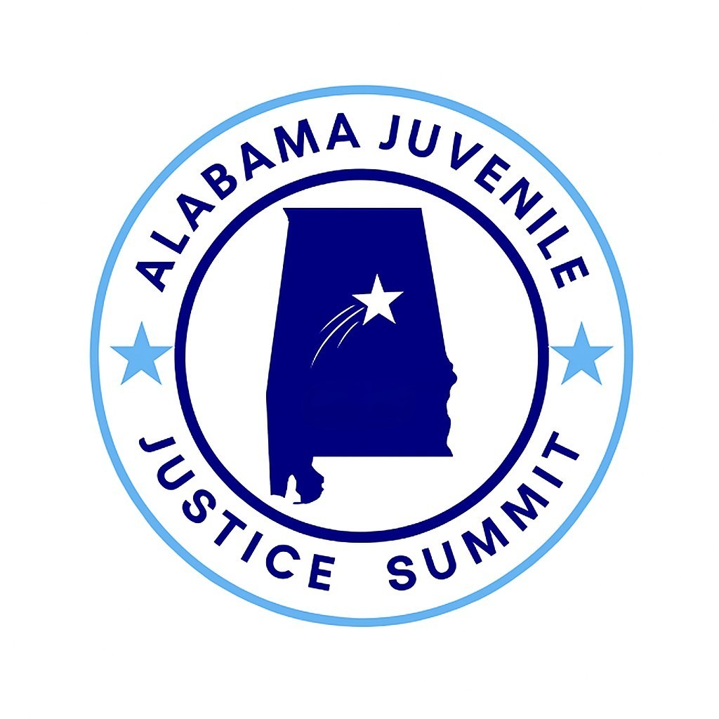 Circular logo reading “Alabama Juvenile Justice Summit” with Alabama state outline and star inside blue and white border.